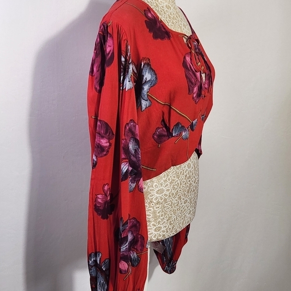 Band of The Free Crop Top Floral Scallop Tie Front Long Sleeve Smocked Size L - Picture 6 of 12